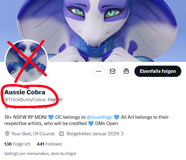 📢 THIS IS NOT the real Nisha 💥
Please don't follow them and don't help them to RT their stuff.

They steal artwork and leach on the popularity of Bluey.
I've spoken with them on b00bsky and confirmed this. 

It's another bot, another impostor, another horny fake account. The