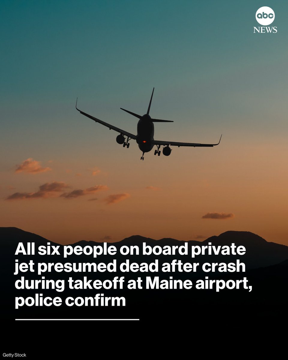 ABC's tweet image. All six people on board a private jet are presumed to be dead after the plane crashed while taking off from Bangor International Airport in Maine during the Sunday winter storm, according to police.

Read more: abcnews.link/TERGpcM