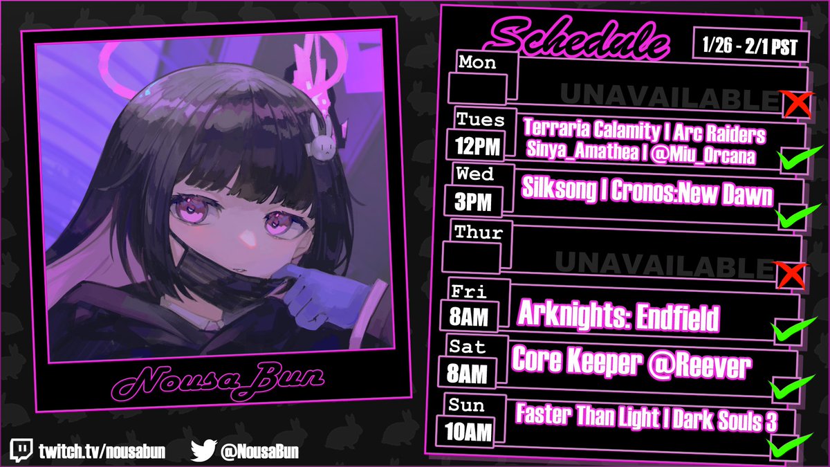 we'll be continuing terreria calamity this week as well as play arc raiders and factory building in core keeper! soon we'll also be finishing  quest in silksong and later i'll be continuing chronos i'm looking forward to doing once again. see you soon 🐇