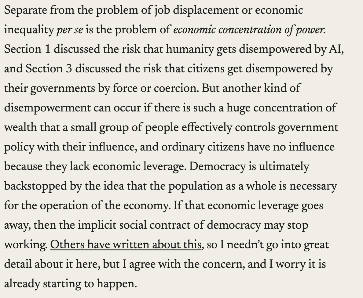I'm very glad to see <a href="/DarioAmodei/">Dario Amodei</a> discuss &amp; link to The Intelligence Curse, and acknowledge that AI-enabled concentration of power and human irrelevance might destroy the incentives that uphold classical liberalism &amp; democracy. x.com/DarioAmodei/st…