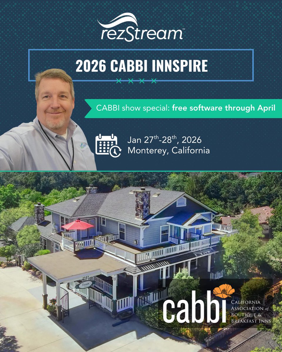 RezStream's tweet image. CABBI InnSpire starts tomorrow! Jeff will be there talking busy-season email marketing and sharing a show special.

If you’re in Monterey, come say hi 👋
hubs.ly/Q040ksX-0
#CABBI #InnSpire #rezStream #BetterLodgingSimplified