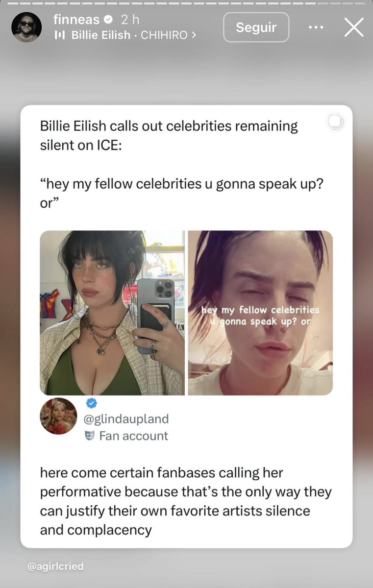 InfoBillieBR's tweet photo. Finneas compartilhou um tweet mencionando Billie Eilish e seu posicionamento crítico em relação ao ICE, no Instagram:

“De repente, aparecem alguns grupos de fãs chamando-a de performática, porque é a única forma que encontram de justificar o silêncio de seus artistas favoritos.” https://t.co/9FuvB3kBpP