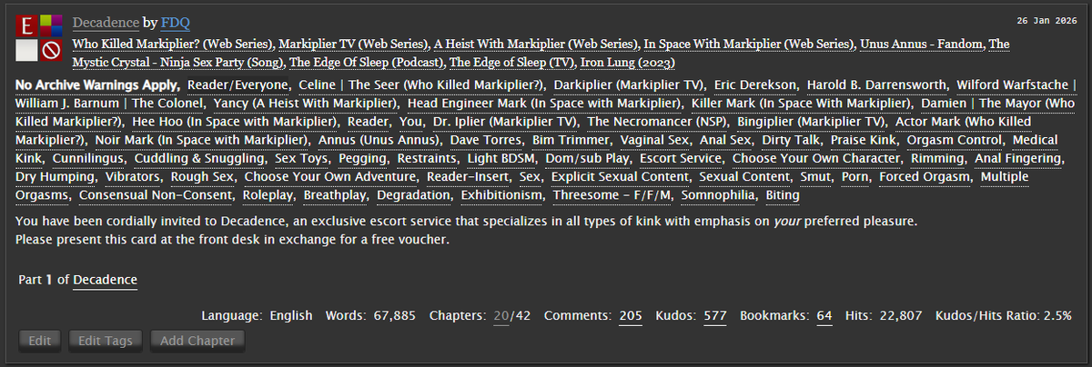 Next chapter of Decadence is up. To celebrate the upcoming release of Iron Lung!

archiveofourown.org/works/39366345…