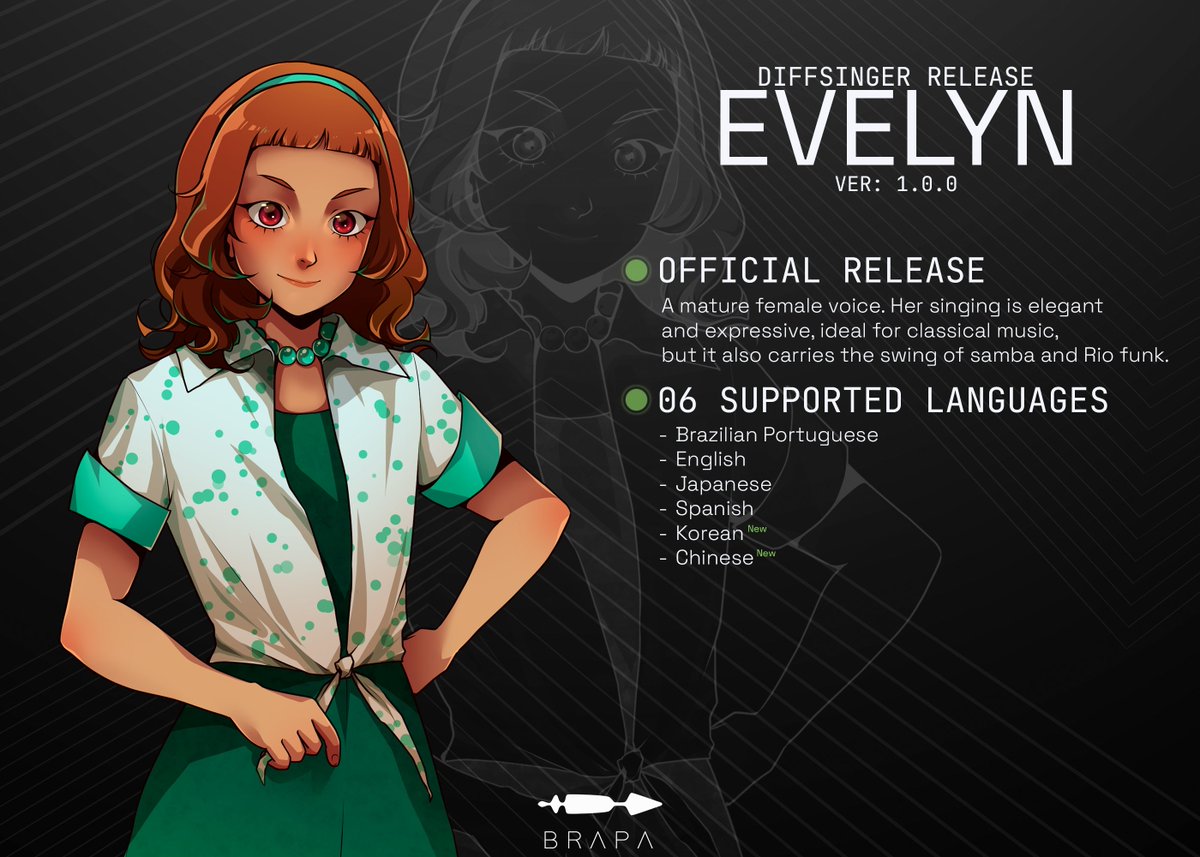 [BRP 04 - Evelyn] ☮️
Update Ver. 100
Her first official release!
She has a mature voice, with an elegant and expressive singing.

Download: teambrapa.com.br
#BRAPA #DiffSinger #VocalSynth #Evelyn