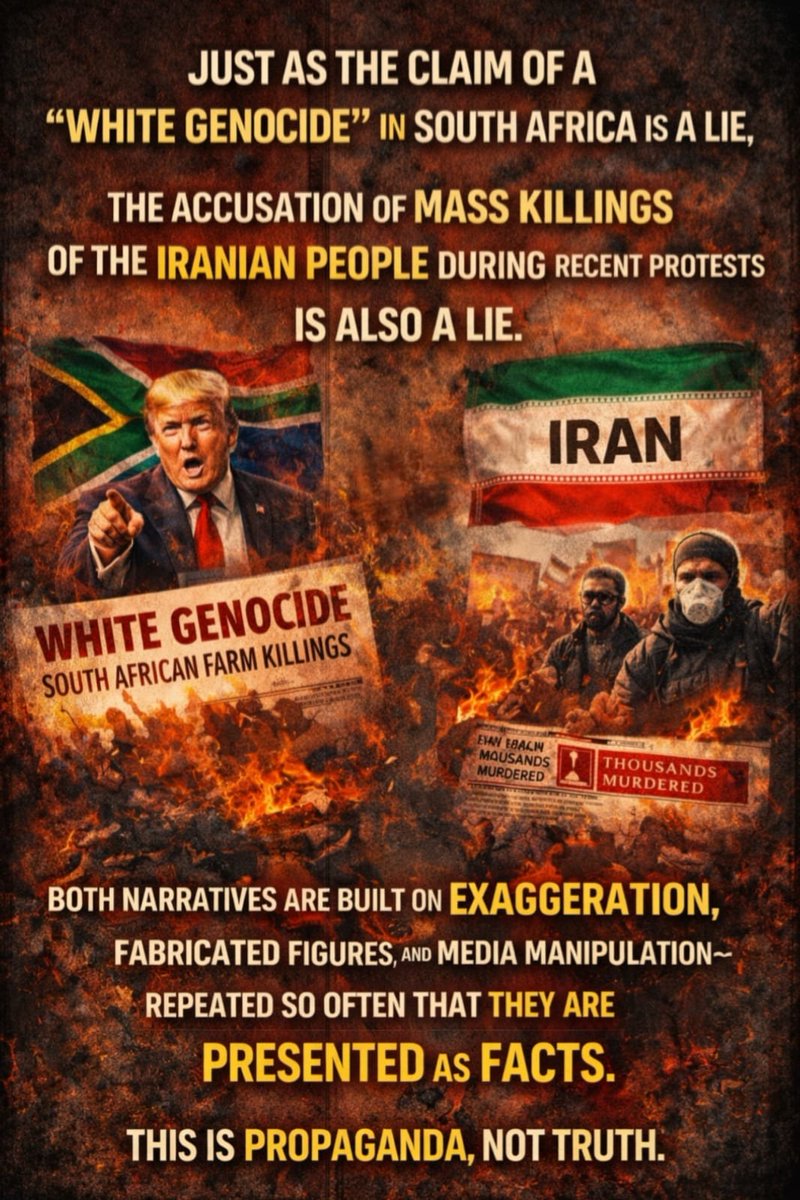 Just as the claim of a “#whitegenocide” in South Africa is a lie, the accusation of #IranMassacre is also a lie.
Both narratives are built on exaggeration, fabricated figures, and media manipulation, repeated so often that they are presented as facts.

This is propaganda by Trump