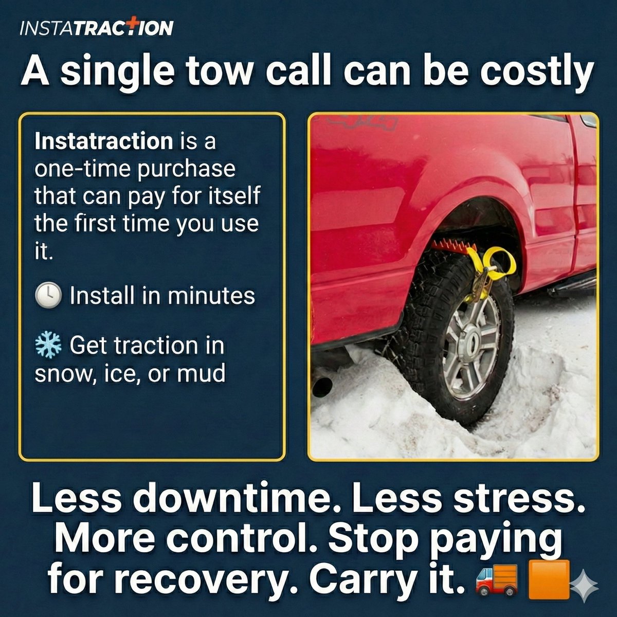 instatraction's tweet image. 🚨 A single tow call can be costly.

Instatraction-a one-time purchase that can pay for itself the first time you use it.

Less downtime.
Less stress.
More control.

Stop paying for recovery. Carry it instead.

rfr.bz/t2dc412

#EmergencyRecovery #BePrepared