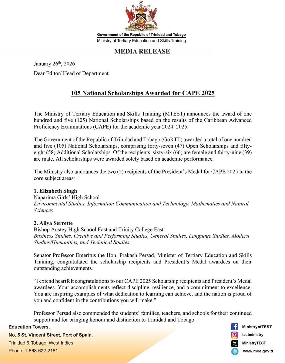 MinistryTEST's tweet photo. 105 National Scholarships Awarded for CAPE 2025

2/5 https://t.co/wJR6K7ZCqb