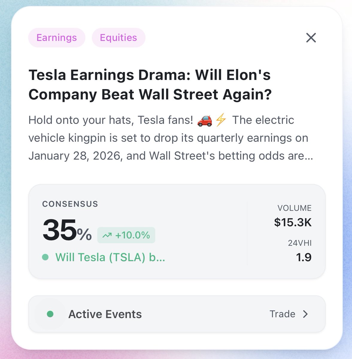 pinai_io's tweet photo. Earnings season. The market’s already forming an opinion on $TSLA.

PIN AI shows you where the odds are moving. 

If you’re not watching the odds, you’re already late. https://t.co/ShkTFmAlbv