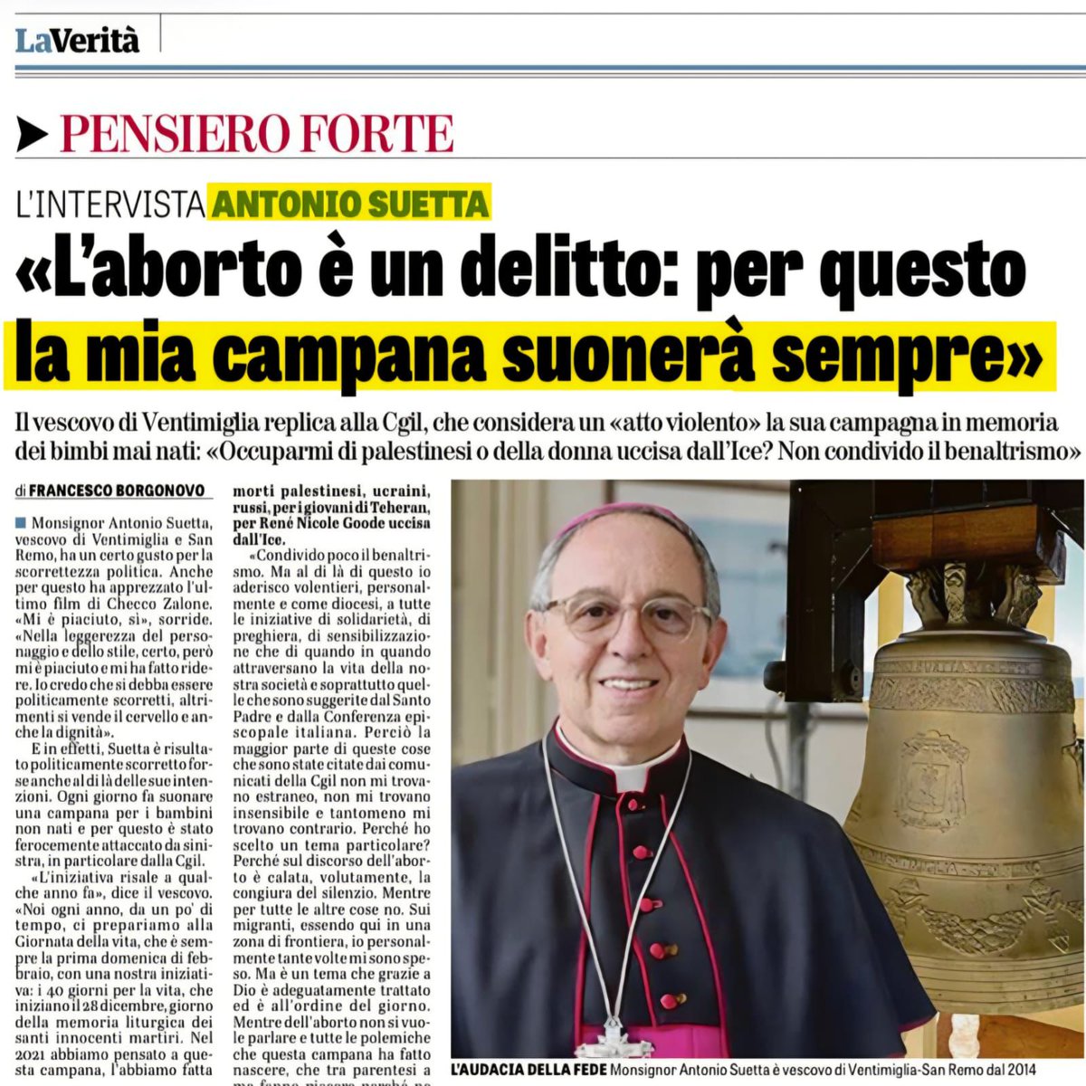 L’iniziativa della “#Campana dei bimbi non nati” 🔔 è sotto attacco perché ricorda una verità scomoda: nel grembo materno c’è vita. C’è un essere umano. E l’aborto lo elimina.

E noi, che vogliamo affermare questa verità senza paura, abbiamo deciso di consegnare a Mons. Antonio