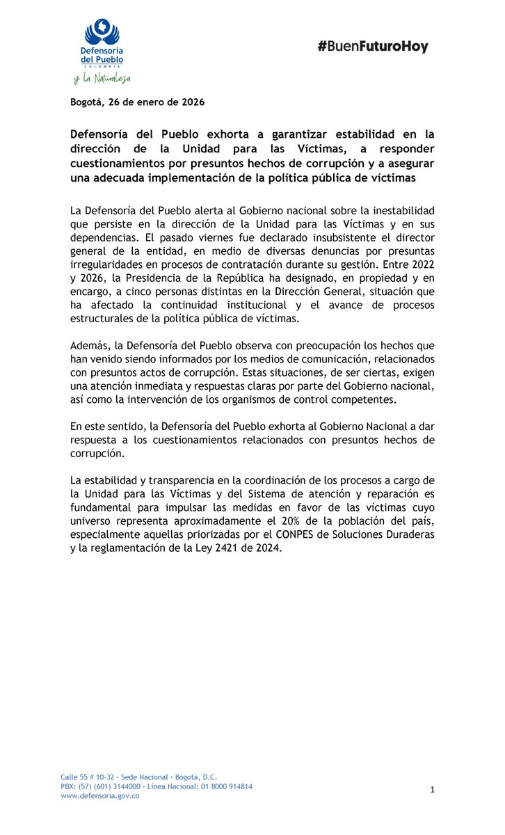DefensoriaCol's tweet image. Alertamos al Gobierno Nacional sobre la inestabilidad que persiste en la dirección de la @UnidadVictimas y en sus dependencias, situación que ha afectado la continuidad institucional y el avance de procesos estructurales de la política pública de víctimas.

El pasado viernes fue…