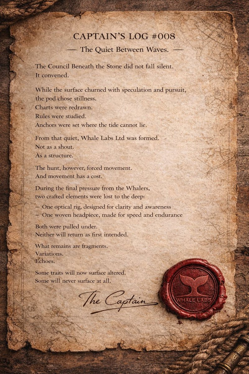 whalelabshq's tweet photo. CAPTAIN’S LOG #008 is live.
The Council didn’t vanish. It convened.
Whale Labs Ltd was formed in the quiet. 🇬🇧⚓️
We lost two crafted traits to the deep during the chase:
🕶️ The Goggles
🧢 The Beanie
Welcome to the long build.
#WhaleLabs #CaptainsLog #WIP #NFTs https://t.co/2K6ieILz6B