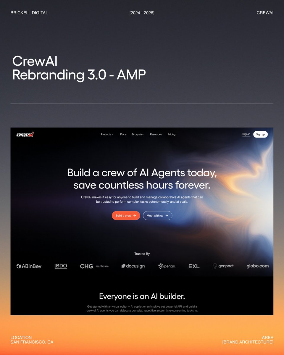 BrickellDigital's tweet photo. CrewAI site revamp built for enterprise trust and developer adoption.

Brand architecture + identity, website design, and a Webflow build. Clear framework, real use cases, faster paths to examples and integrations.

#CrewAI #AgenticAI #DevTools #WebDesign #Webflow https://t.co/OVcvqdV1Rz