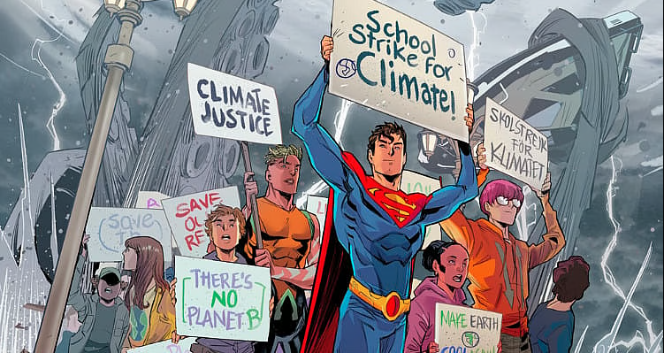 GundamIsHere's tweet image. I guess gay Superman protesting climate change really didn't draw the kids in, huh.