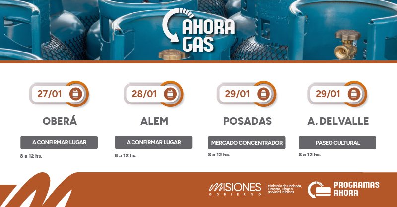 Compartimos el cronograma semanal del programa provincial #AhoraGas. La recarga de garrafas de 10 kg vale $11.500. 

👨🏼‍💻 Consultá más detalles en nuestra web ahora.misiones.gob.ar. 

#ProgramasAhora