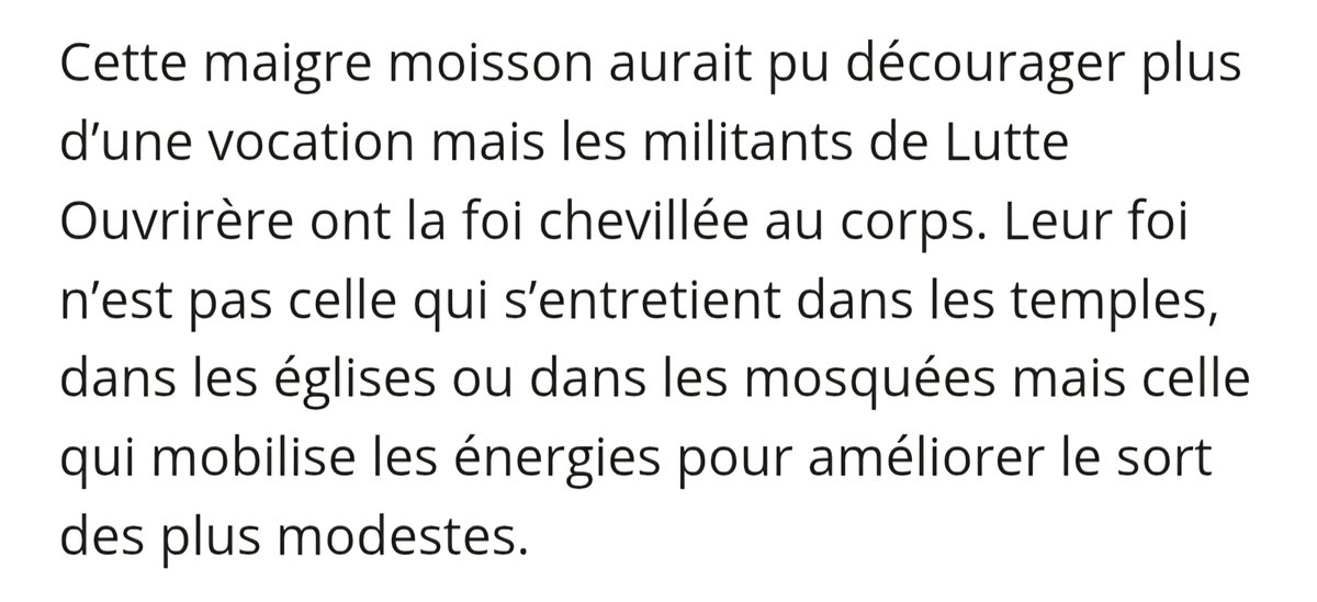 Article sympathique dans sur la liste LO qui se constitue à Dreux où on peut lire que les militants de LO ont "la foi chevillée au corps" mais pas "celle... des temples, églises ou mosquées mais celle qui mobilise les énergies pour améliorer le sort des plus modestes".