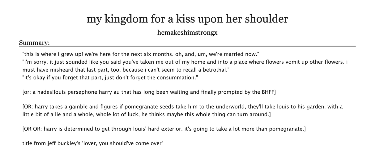 'my kingdom for a kiss upon her shoulder' 

for the <a href="/BHarryFest/">BH Fic Fest Round 6</a>, yours on feb 13. 
subscribe: archiveofourown.org/users/hemakesh…