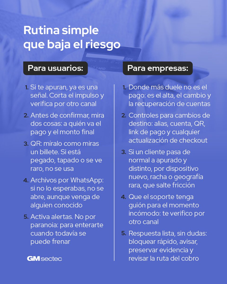 Muchas veces solo necesitan que el pago vaya a otro destino y tú ni te enteres en el momento. No siempre buscan robarte la cuenta. Les alcanza con un QR intervenido, un link desviado o una pantalla que te mete prisa para que confirmes sin mirar. 💳👀

#IngenieriaSocial #QRFraud