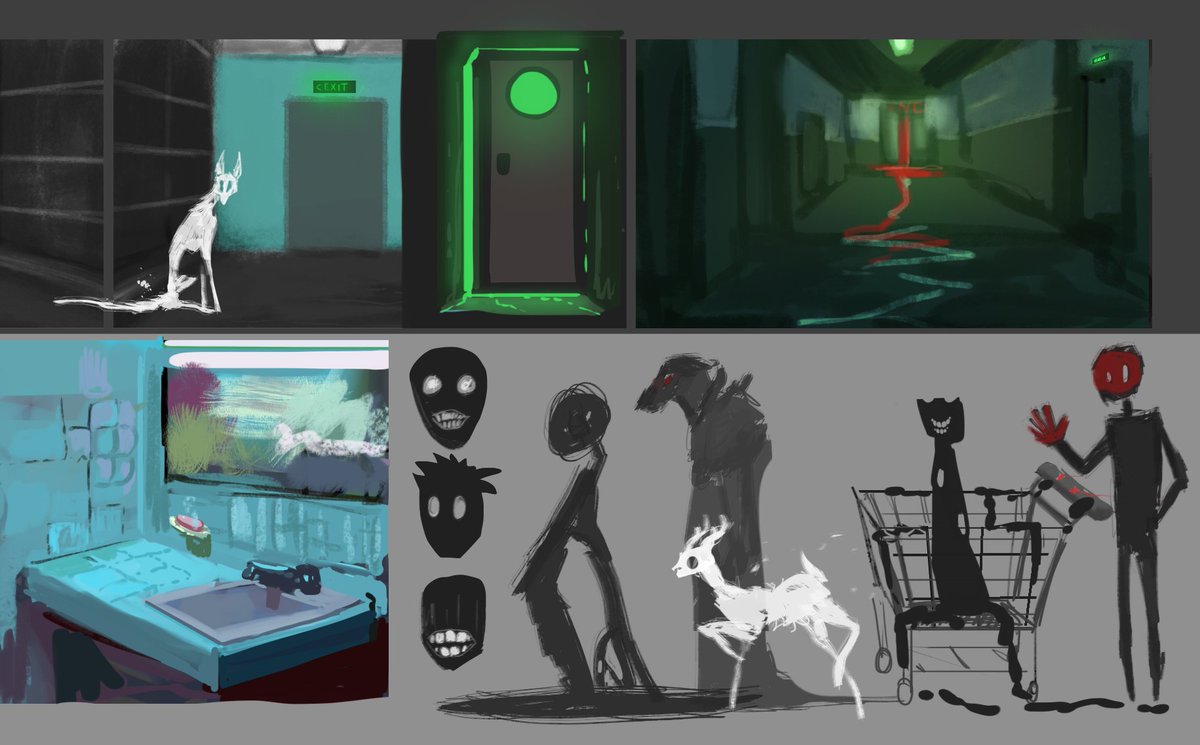 Hey there !  Let's explore some backroom vibes for this weekend's global jam! Let me know what you think about this sketches ^^

   #backrooms #globalgamejam #indigameart
