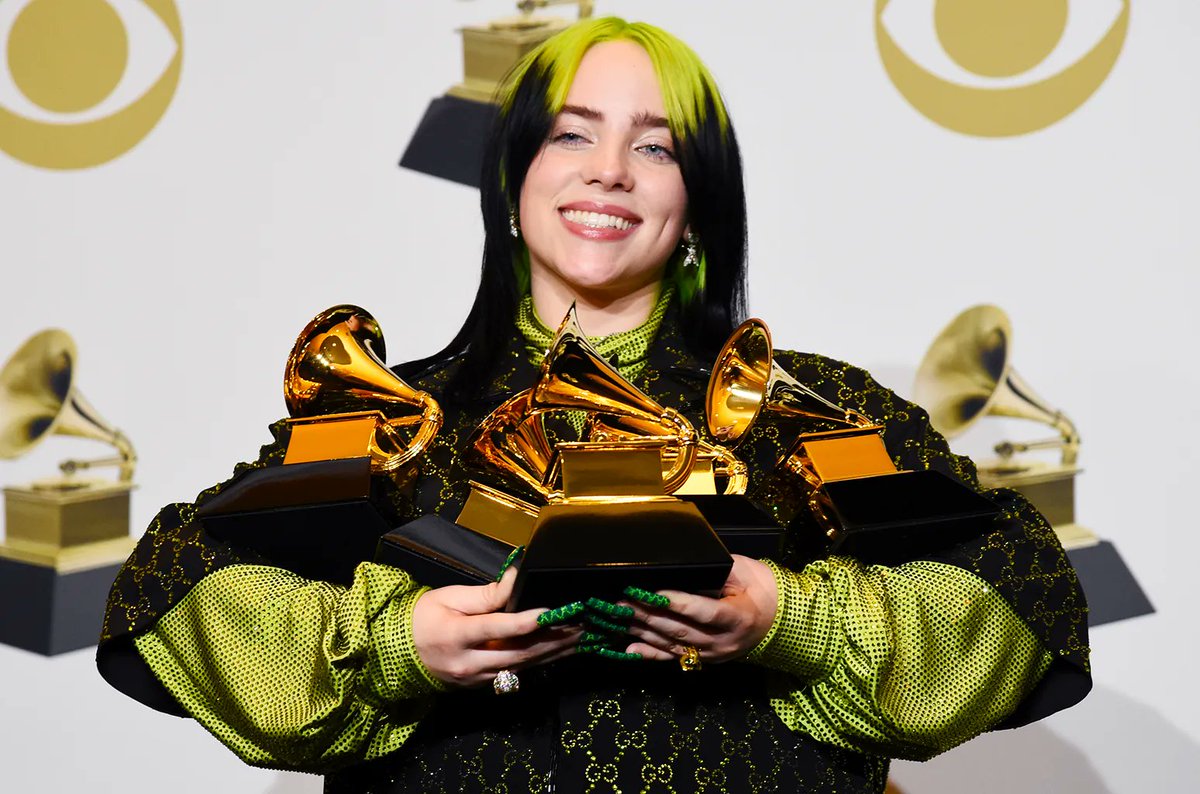 ModernMusic303's tweet photo. Today in 2020, Billie Eilish won 5 awards at the Grammy's: Record of the Year, Album of the Year, Song of the Year, Best New Artist, and Best Pop Vocal Album! https://t.co/S1SBqapqZP