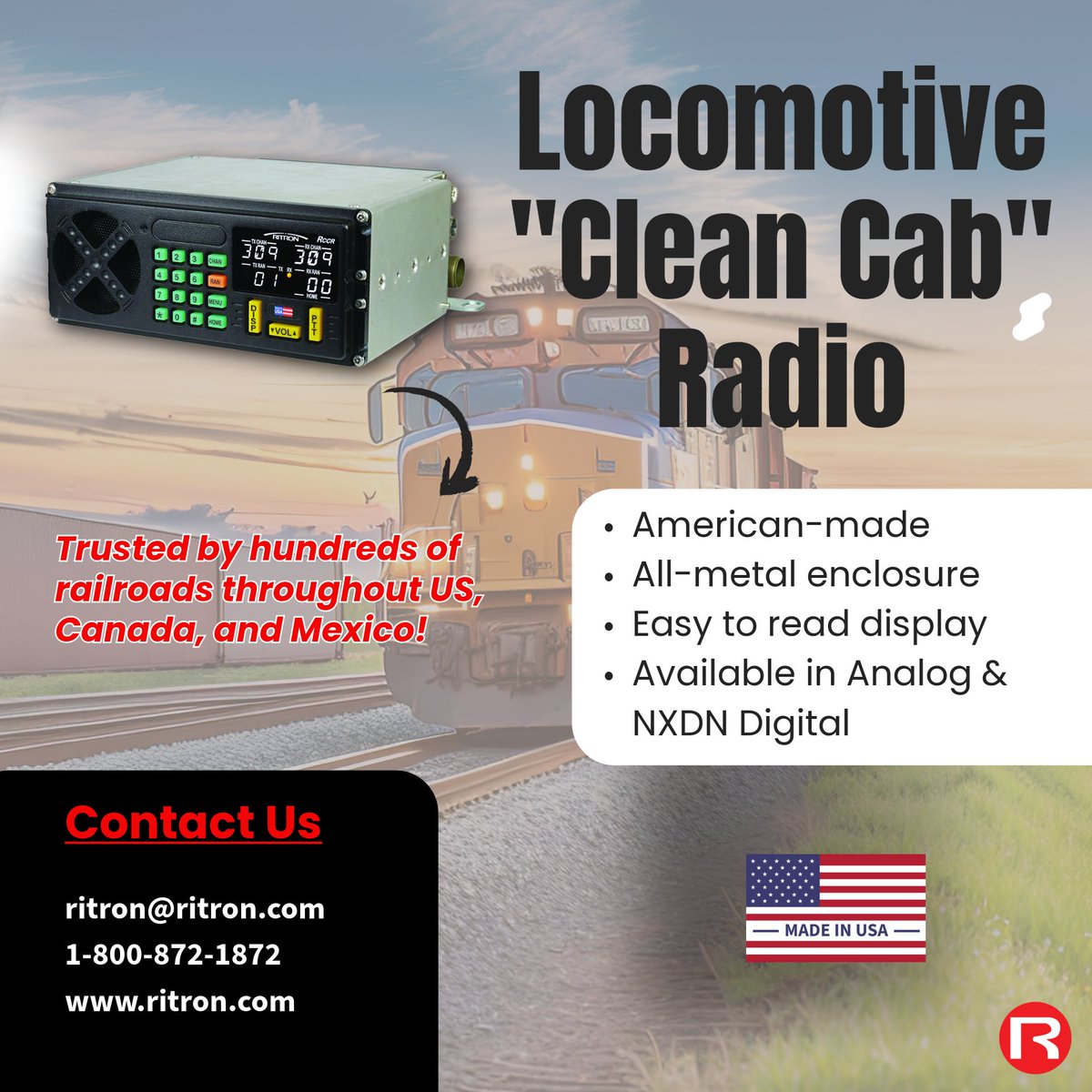 Looking for a #locomotive 2-way radio that meets class 1 freight and major transit railroad specs while holding up in the real world? Ritron has you covered! Built in the #USA and trusted by the largest railroads in North America, Ritron's locomotive 2-way radio is the dependable