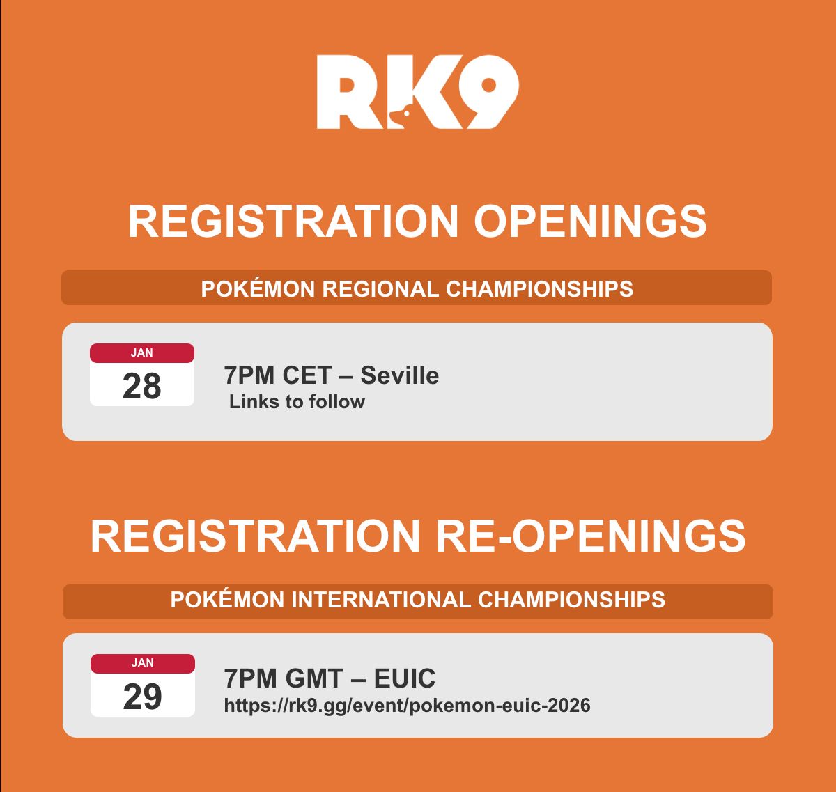 Attention #PlayPokémon competitors: mark your calendars for this week's registrations!

- Seville will open for registration at 7pm CET on Wednesday
- EUIC will have a limited re-opening at 7pm GMT on Thursday