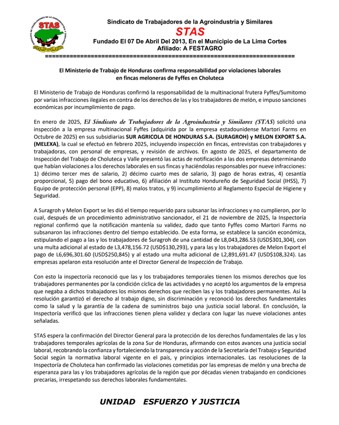 Festagro's tweet photo. #FESTAGRO #COLSIBA #CUTH #CUT #RELUITA #IUF #3F #GLJ #ACIPATICIPA #CSA #CSE #STIBYS #FYFEES #SUMITOMO #MARTORI #FITH #SETRASS
SETRASS confirma Violaciones Laborales en fincas de Fyffes en Choluteca https://t.co/9kjDiFZR93