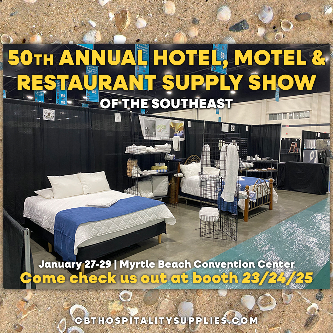 cbtmyrtlebeach's tweet photo. 🎉 We’re back at the 50th Annual Hotel, Motel &amp; Restaurant Supply Show of the Southeast!

📍 Myrtle Beach Convention Center
🗓 January 27–29
🔢 Booth 23 | 24 | 25

Come say Hi to check out our collections and have the chance to win a cash prize! 💰 https://t.co/3Pc2R0s6Gp