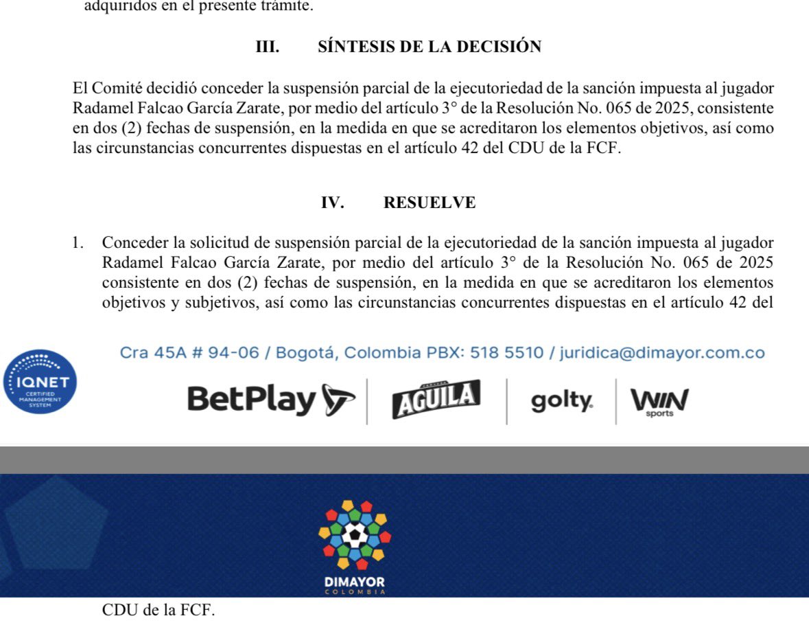 OFICIAL
La Dimayor redujo la sanción de 4 a 2 fechas, por lo tanto Falcao ya puede jugar con Millonarios