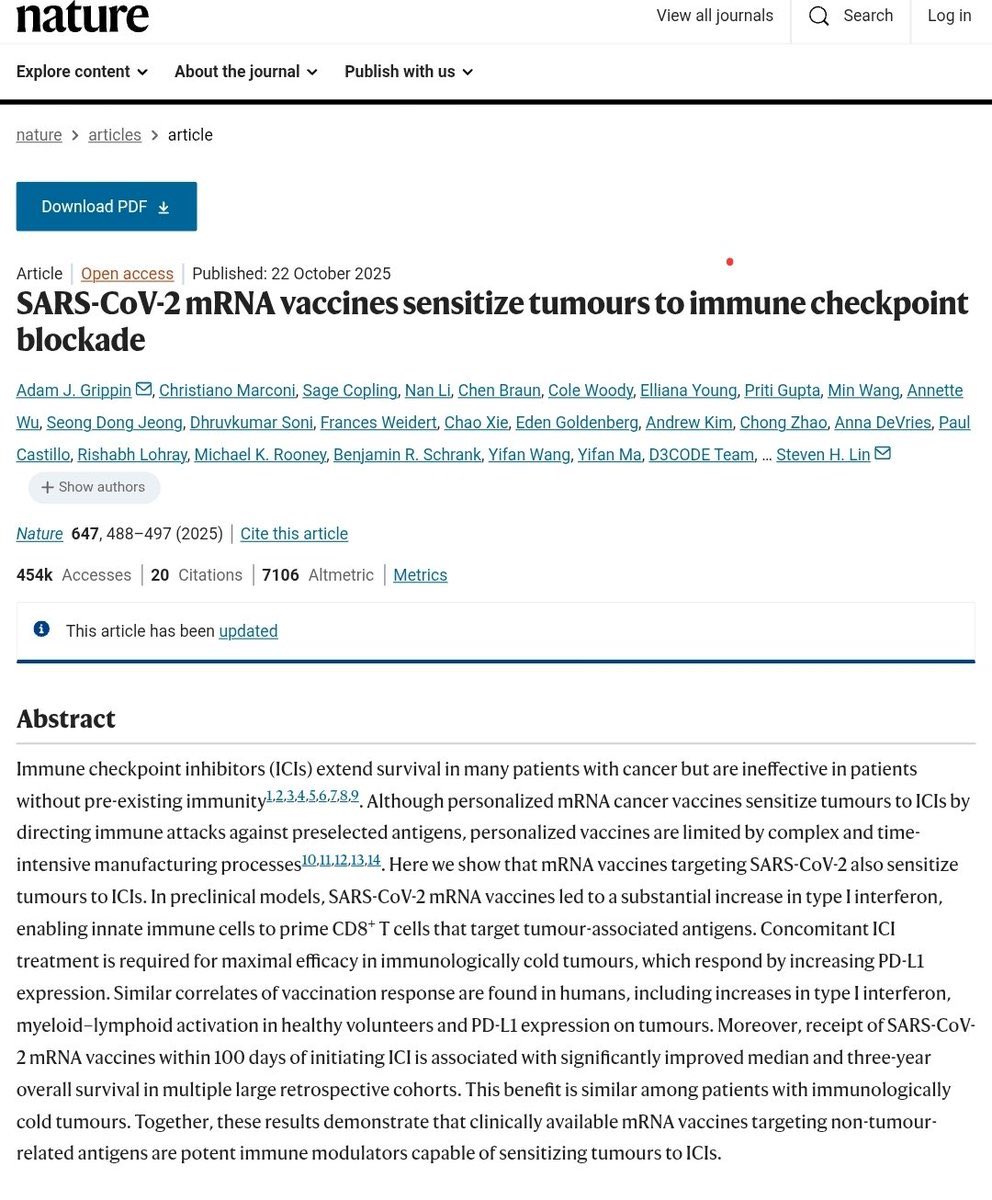 DutinEric15494's tweet image. 🚨 DÉCOUVERTE MAJEURE : Et si le vaccin COVID aidait à vaincre le cancer ?

Une nouvelle étude fascinante publiée dans Nature révèle un effet inattendu des vaccins à ARNm : ils pourraient booster l'efficacité des traitements contre le cancer ! 

Explications simples 

1️⃣ Le…