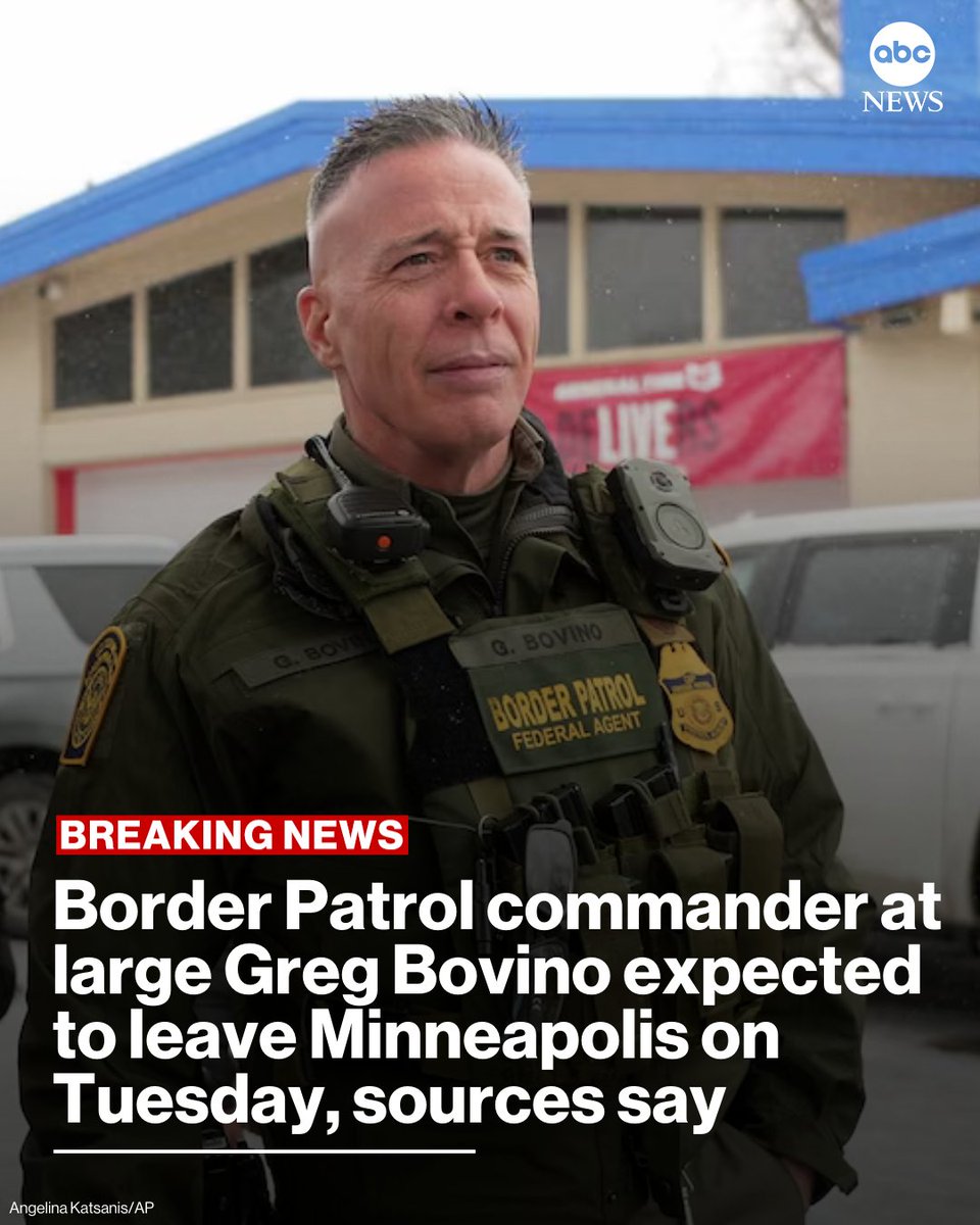 ABC's tweet image. Greg Bovino, Border Patrol's commander at large for Minneapolis, is expected to leave the city on Tuesday, according to multiple sources. abcnews.link/RtUzctI