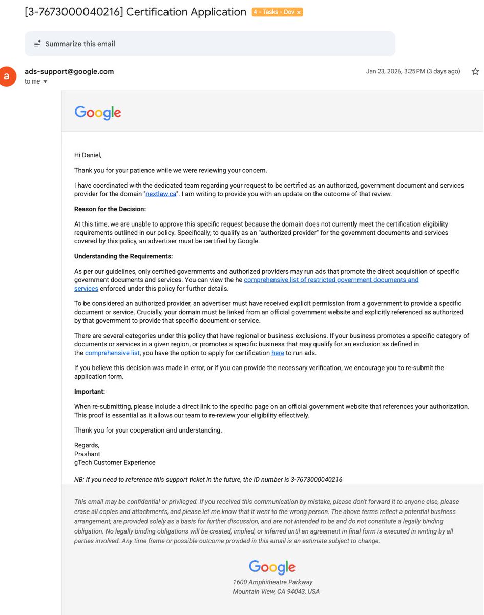 Attention <a href="/AdsLiaison/">AdsLiaison</a> – Systemic Policy Failure for Licensed Legal Practitioners

I am reaching out regarding Case #3-7673000040216. My law firm (CID: 335-653-4713), with a historical spend of $195,000, is currently trapped in an automated "Government Documents" policy loop that