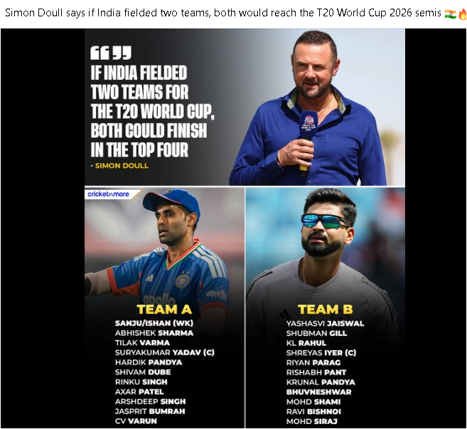 Sourav_Aus's tweet photo. I quite agree with #SimonDoull and #BCCI should think of giving match practice to TeamA by playing against TeamB. We don't need any other Team to to play against us. Such is the bench-strength of Team India.
#JaiHind #T20WorldCup2026 @ImRo45 https://t.co/dRkAd9ghSb