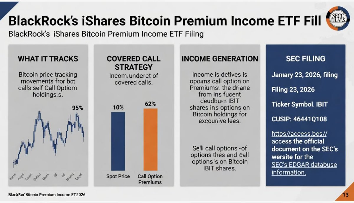 BlackRock just filed an S-1 w: SEC for a iShares Bitcoin Premium Income ETF!  It aims to track BTC price + income via covered calls on IBIT. Details  here: https://t.co/VCzDdVQPnc (search “iShares