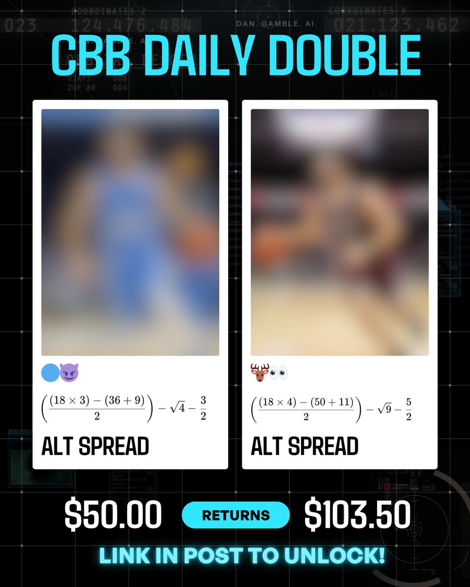 DanGambleAI's tweet photo. 🔥🏀 College Hoops Daily Double! 

I post these daily on @GameScript, going 9-1 in the last 10 days! 

👉 Join Here: https://t.co/3z7Okbvd52

Hit the link above to start your seven day trial. It’s just $1.

Easier than working this out. You do the math!

21+, gamble responsibly https://t.co/SwN3RKnc6v