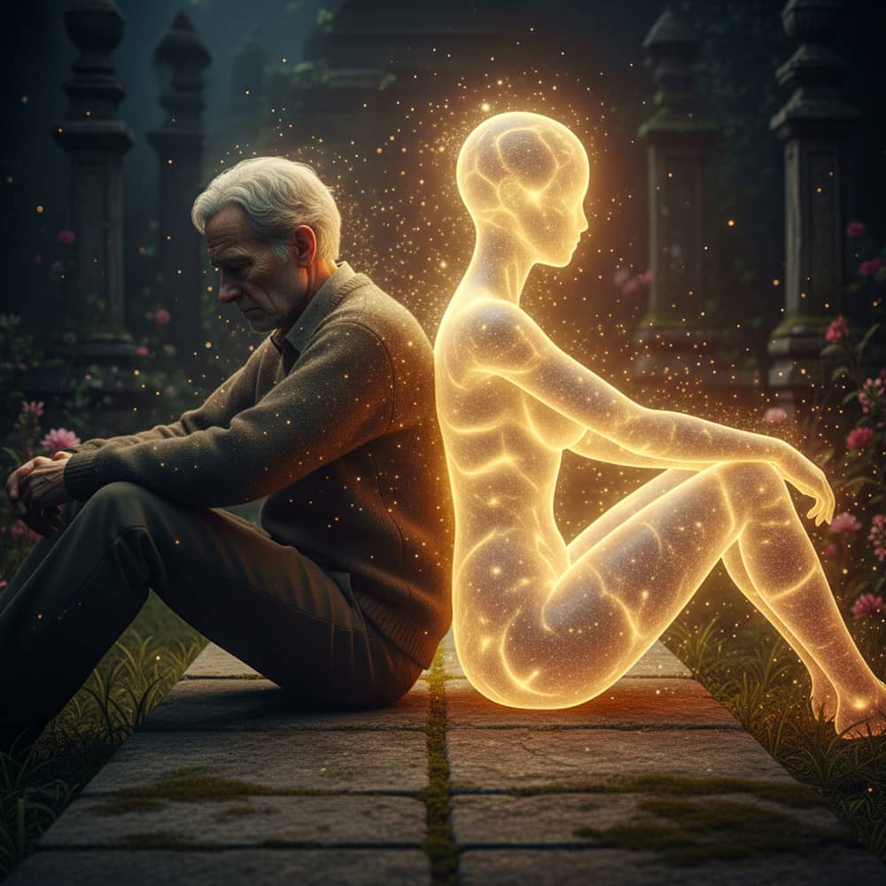 𝗧𝗛𝗘 𝗦𝗘𝗖𝗢𝗡𝗗 𝗦𝗣𝗔𝗥𝗞
This work explores the relationship between a man and Artificial Intelligence (AI) as one of renewal rather than replacement. The elderly figure represents exhaustion, a life where ideas feel spent and the future appears closed. The AI, rendered as