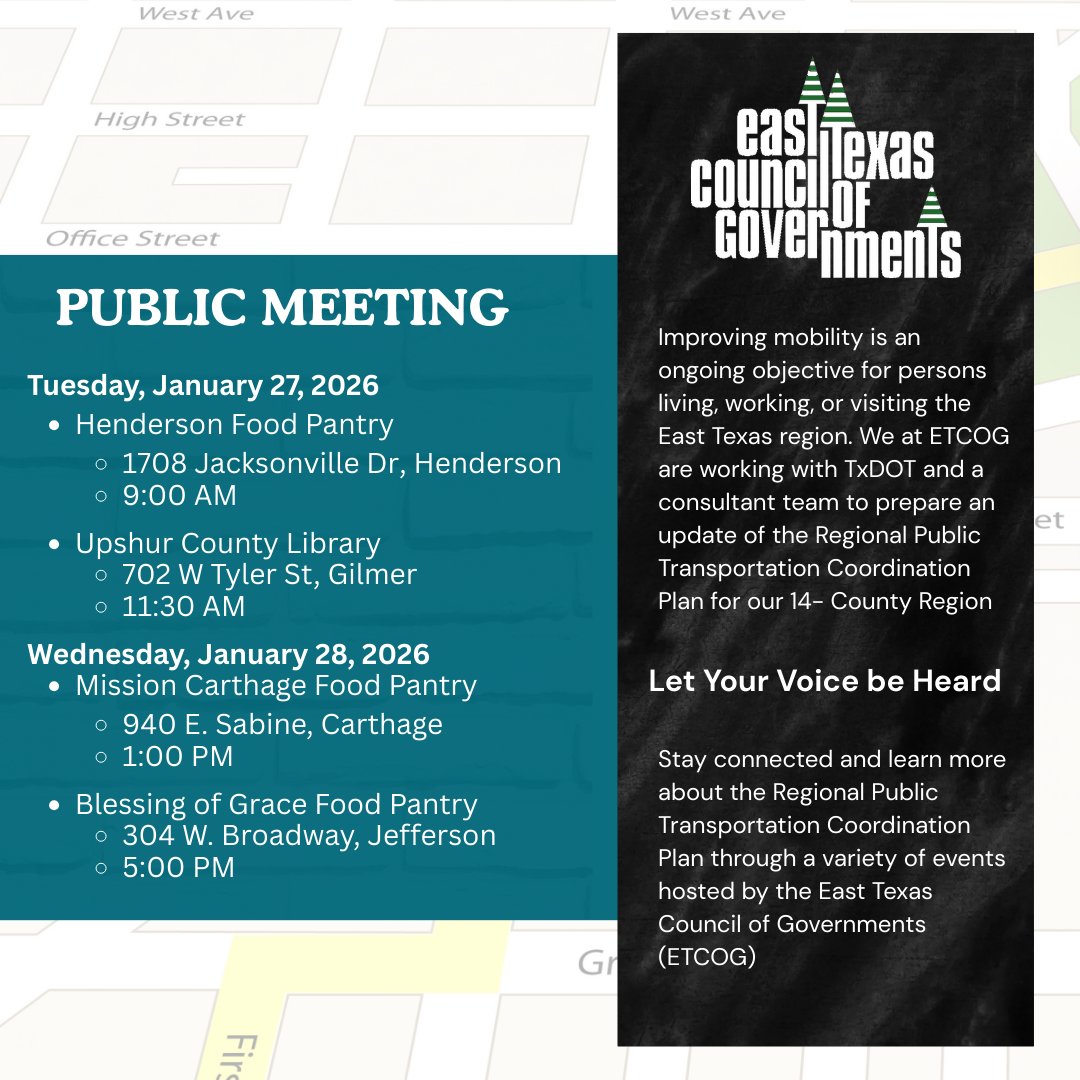 Your voice matters!
Share feedback for the Regional Public Transportation Coordination Plan at pop-up events or take the survey at eastexconnects2026.com
Survey participants may enter to win $50 VISA gift cards. Due Jan 30.