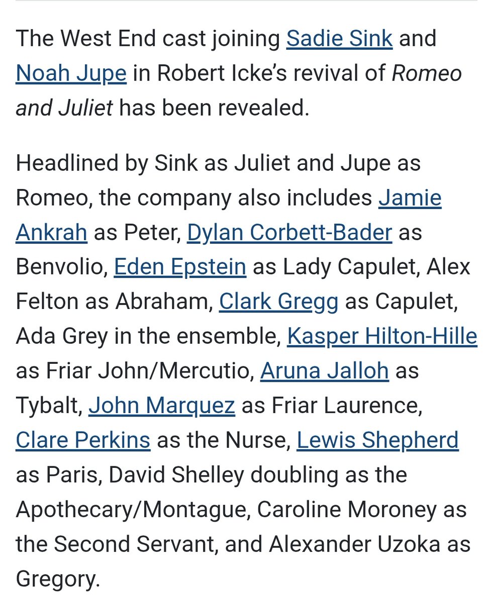 The entire cast of Romeo &amp; Juliet in the West End was announce, performances will start at the Harold Pinter Theatre on 16th of March 🎭