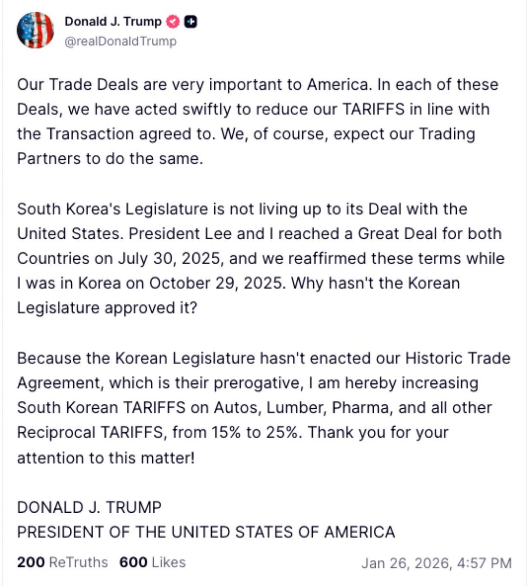 RealChickenBoy9's tweet image. 트럼프: 
우리 무역 협정(Trade Deals)은 미국에게 매우 중요합니다. 이러한 협정들 각각에서, 우리는 합의된 거래(Transaction)에 맞춰 신속하게 관세(TARIFFS)를 줄이는 조치를 취했습니다. 물론 우리는 우리의 무역 파트너들도 똑같이 해주기를 기대합니다.

대한민국의 국회(Legislature)는 미국과…