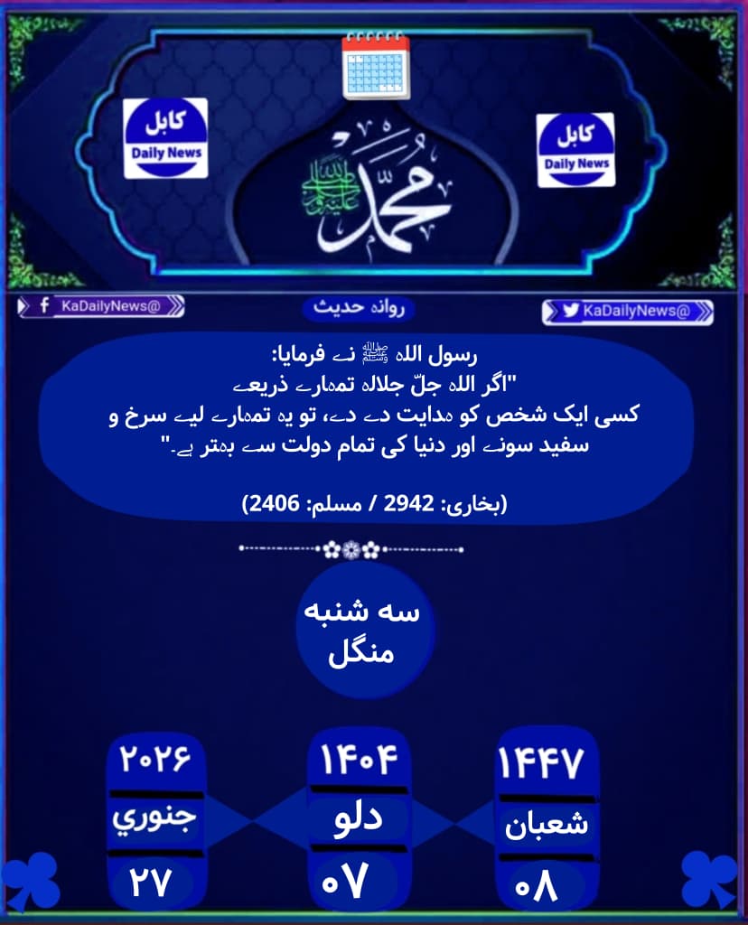آج کی تاریخ
<a href="/KaDailyNews/">Daily Kabul News</a>