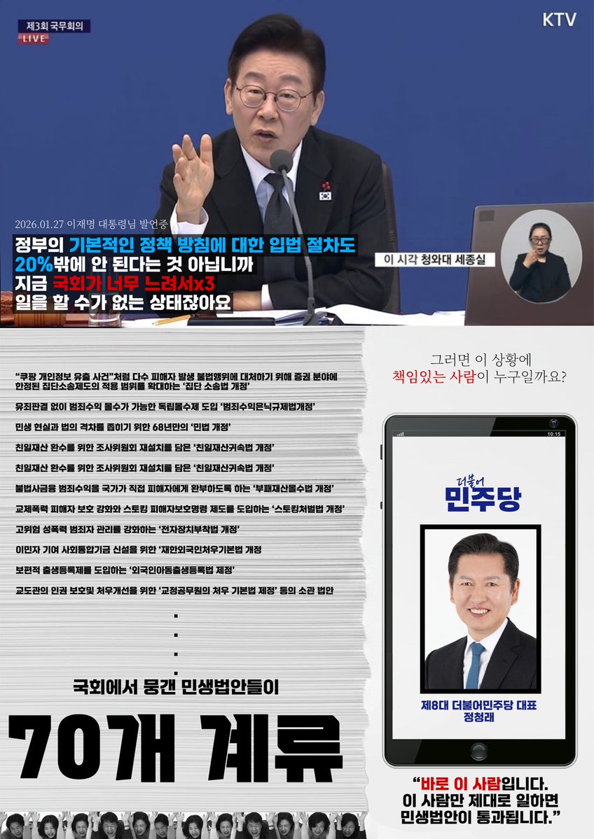 <a href="/ssaribi/">정청래와 더불어민주당</a> <a href="/TheMinjoo_Kr/">더불어민주당</a> 
뭐해요? 일 안 해요?
연임하려고 자기 정치만 하지 말고 일도 좀 하세요.
이런 상황 만들어 놓고
당대표라고 어디 가서 으스댈 건가요?
일하라고요.
정부에 뒷받침이나 좀 하지… 샤갈
대통령님 도우라고ㅡㅡ