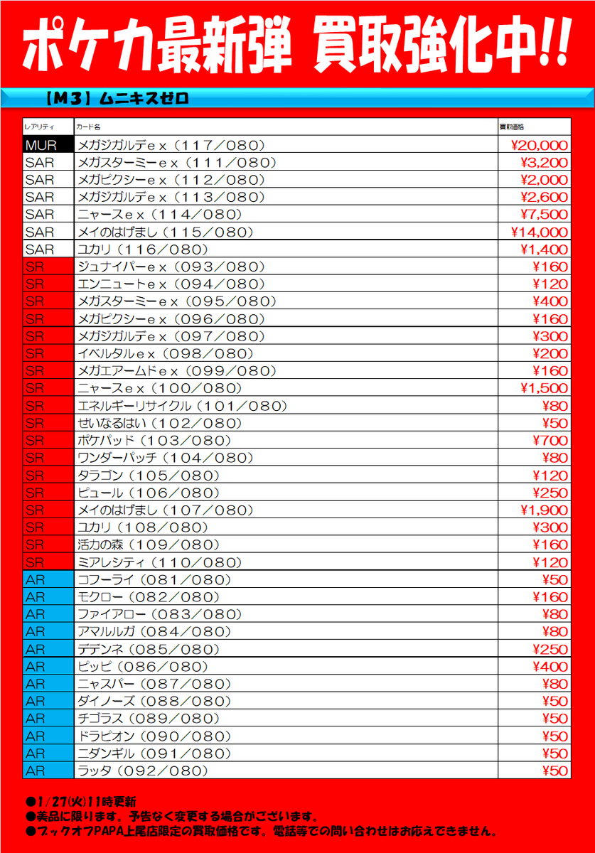 ポケモンカードゲーム 拡張パック 「ムニキスゼロ」 本日の買取表は