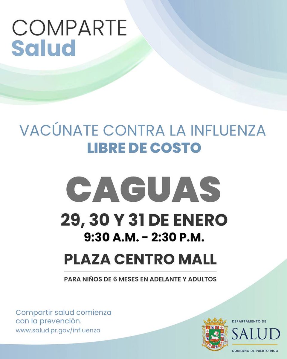 desaludpr's tweet photo. 💙COMPARTE Salud | Desde el jueves 29 de enero hasta el domingo 1 de febrero vacúnate contra la la influenza en ##Mayagüez, #Bayamón, #Caguas y #SanJuan. ¡Protégete y cuida tu salud!

🤝 Cuidarte también es cuidar a los tuyos.
🔗 https://t.co/0qaM8XK86X

#ComparteSalud https://t.co/fe95WqDySe