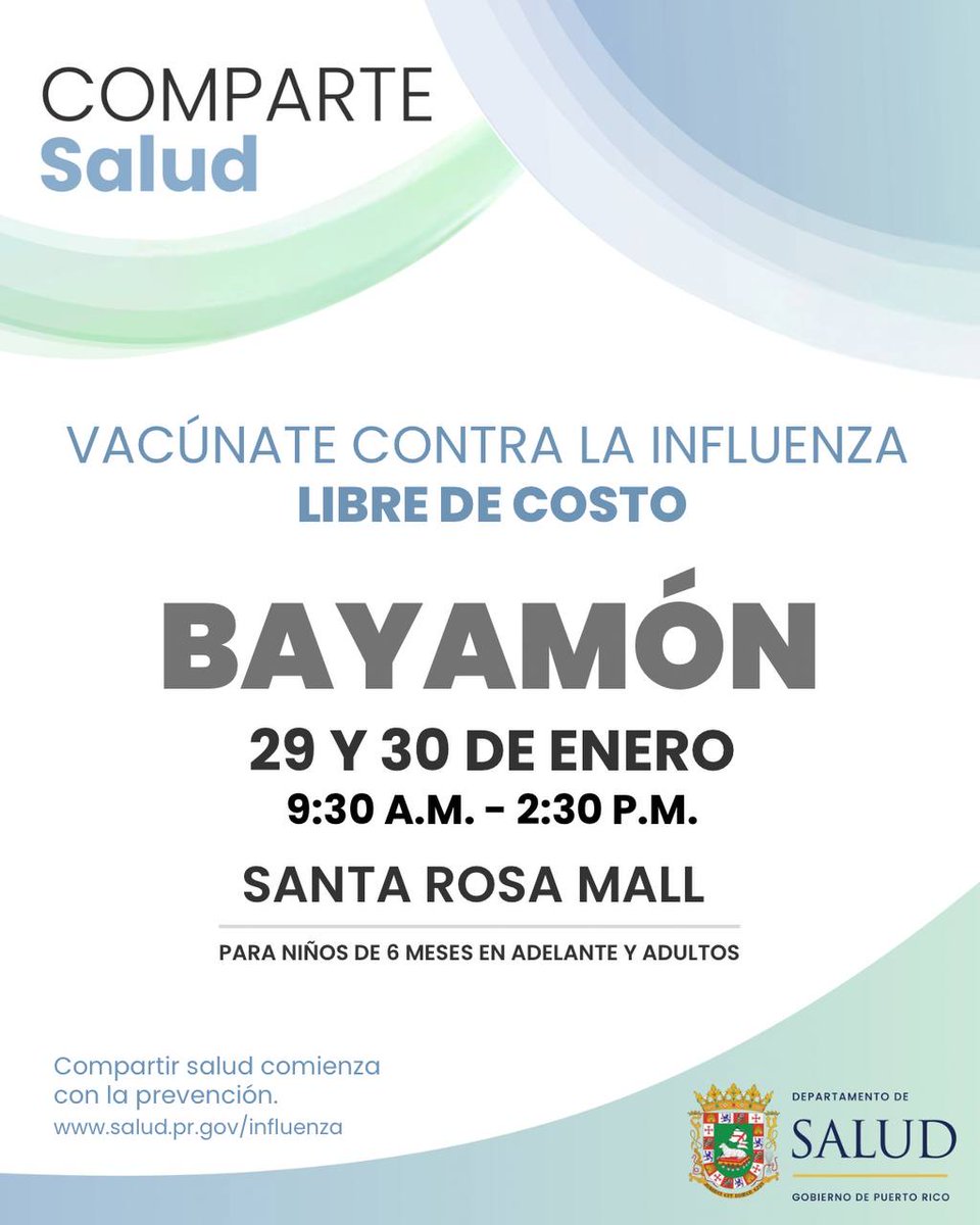 desaludpr's tweet photo. 💙COMPARTE Salud | Desde el jueves 29 de enero hasta el domingo 1 de febrero vacúnate contra la la influenza en ##Mayagüez, #Bayamón, #Caguas y #SanJuan. ¡Protégete y cuida tu salud!

🤝 Cuidarte también es cuidar a los tuyos.
🔗 https://t.co/0qaM8XK86X

#ComparteSalud https://t.co/fe95WqDySe