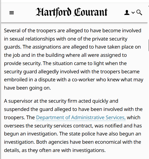 KristiTalmadge's tweet photo. 🚨😲BOW CHICKA BOW WOW XXX!
SEX SCANDAL ROCKS CONNECTICUT STATE POLICE TROOPERS Guarding the State Government Office Building in Hartford (165 Capitol Ave.)
We have finally learned what the Connecticut State Police "Trooper Misconduct" Investigation Governor Ned Lamont did not want to talk to us about, was about.
"Several of the troopers are alleged to have become involved in sexual relationships with one of the private security guards. The assignations are alleged to have taken place on the job and in the building where all were assigned to provide security.
Keyword being "Several." They were apparently passing this chic around. I am assuming it is a Woman because Nobody in our Democratic Party Supermajority Leadership will give us more details.
"A supervisor at the security firm acted quickly and suspended the guard alleged to have been involved with the troopers."
Don't worry. All the Government agencies involved and the state police are investigating themselves! I am sure they'll clear themselves of any wrongdoing soon and try to sweep this under the rug.
The Troopers were supposed be guarding the offices of Attorney General William Tong, Secretary of the State Stephanie Thomas, Comptroller Sean Scanlon Offices, and Treasurer Shawn Wooden
Nothing in Connecticut really shocks me anymore @TonyDeAngelo7 @CTCentinal 😆