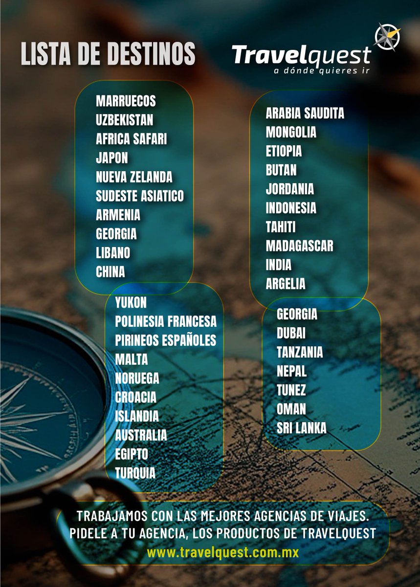 TRAVELQUESTMX's tweet photo. Desde experiencias únicas hasta viajes de lujo en destinos como: Marruecos, Tahití, Japón, Polinesia Francesa, Arabia Saudita y muchos más.
Pídele a tu agencia los productos de Travelquest.
#TurismoInternacional #AgentesDeViajes #IndustriaTuristica #ViajesDeLujo #TravelBusiness https://t.co/ZJhrCWPX1S