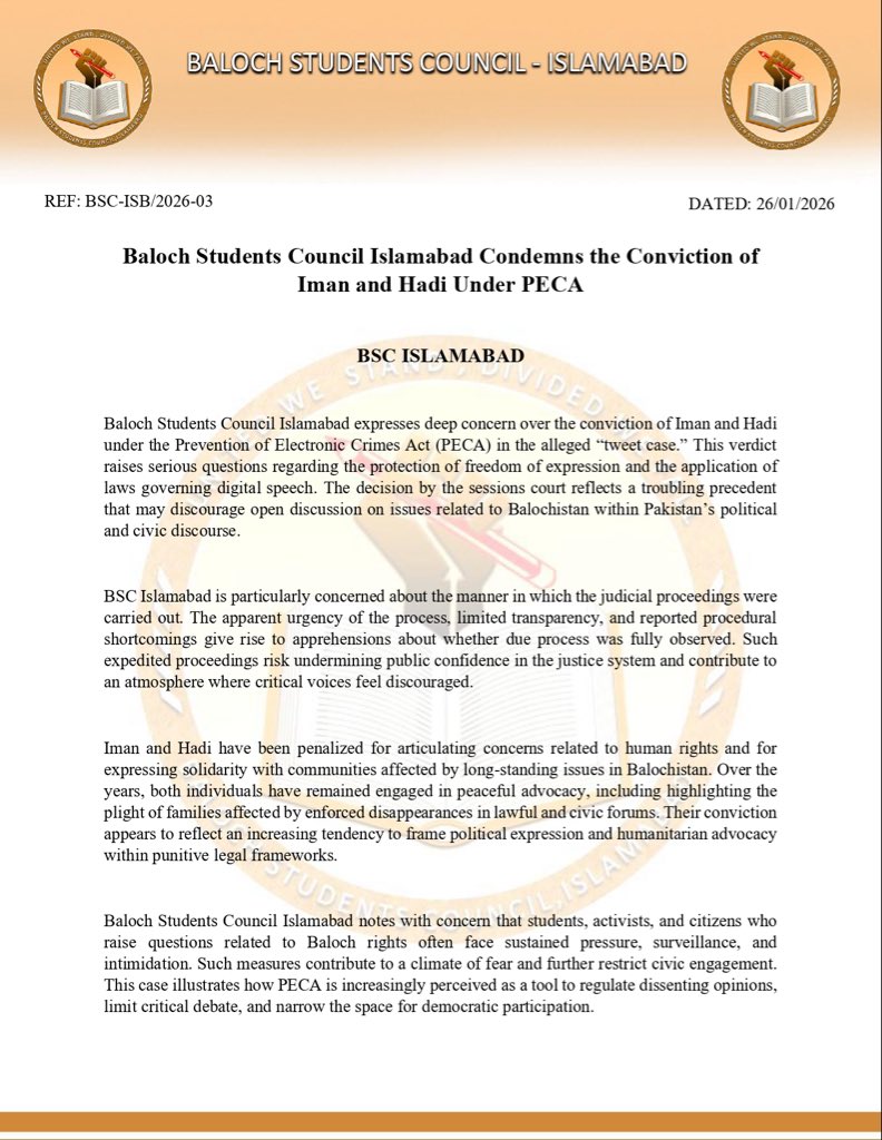 BSCIslamabad's tweet photo. Baloch Students Council Islamabad Condemns the Conviction of Iman and Hadi Under PECA

BSC ISLAMABAD https://t.co/hxTh62xqKr