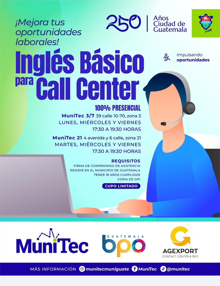 Tu futuro puede empezar hoy. ✨

El alcalde <a href="/RQuinonezL/">Ricardo Quiñónez</a> sigue impulsando cursos que abren nuevas puertas de empleo, y en MuniTec lo hacemos posible con el Curso de Inglés básico para Call Center en Zona 3 y Zona 21. 📞

📲 Escribenos y reservá tu cupo:
MuniTec Zona 3
👉