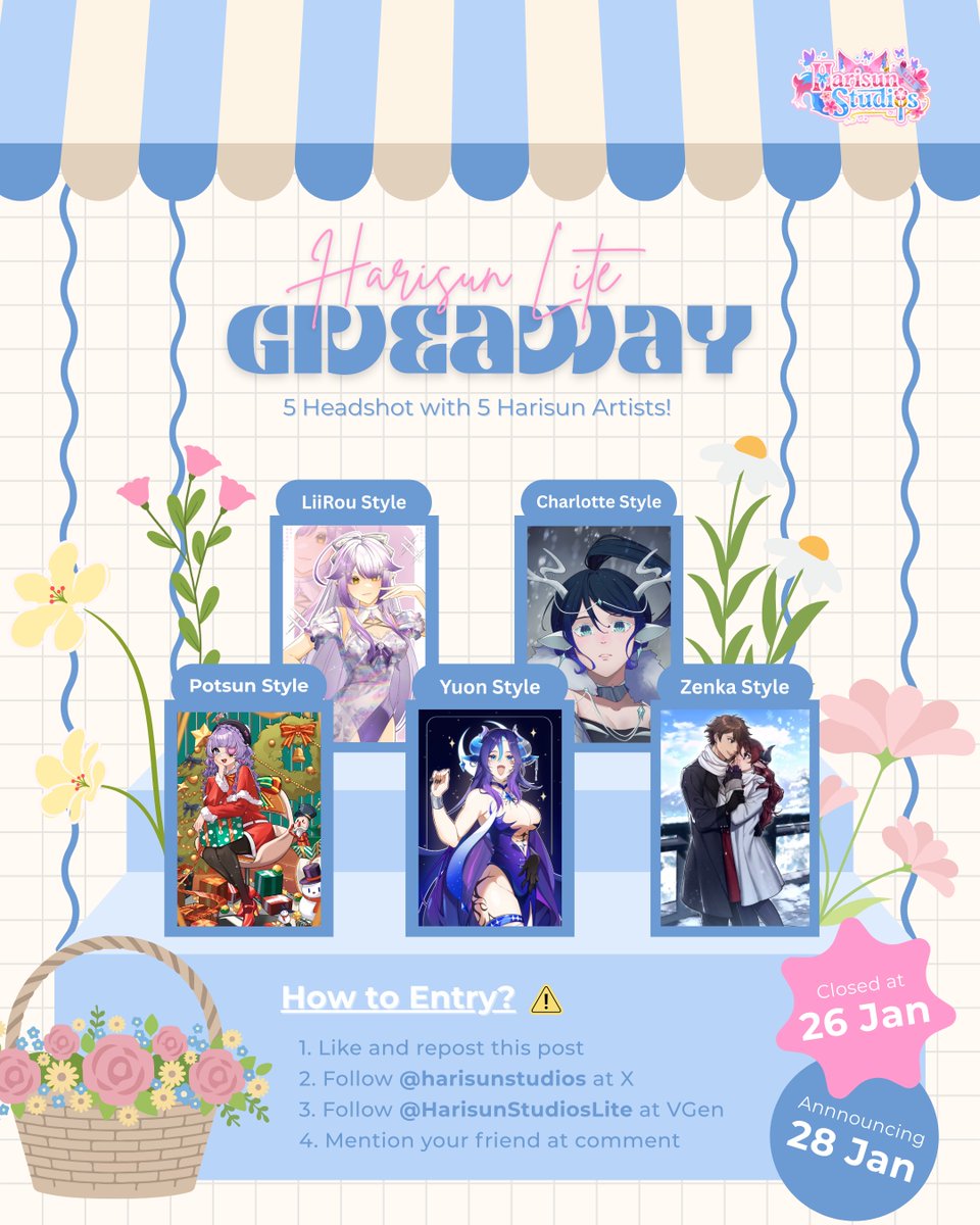 ✨Harisun Lite Giveaway✨

Giveaway 5 headshot with 5 different artists from Harisun Lite :3

If you win, we'll pick the best artist for your character, so each artist will get 1 xD

How to Entry :
- Like and repost this post
- Follow me on X and Harisun Lite VGen
- Mention your