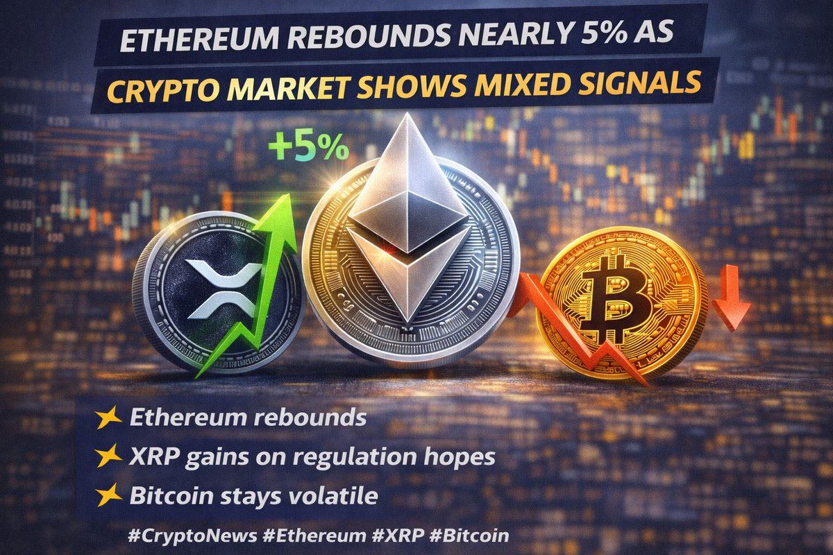 Ethereum Rebounds Nearly 5% as Crypto Market Shows Mixed Signals 📌 Key  points: • Ethereum rebounds • XRP gains on regulation hopes • Bitcoin stays  volatile #CryptoNews #Ethereum #XRP #Bitcoin #Altcoins #MarketSentiment