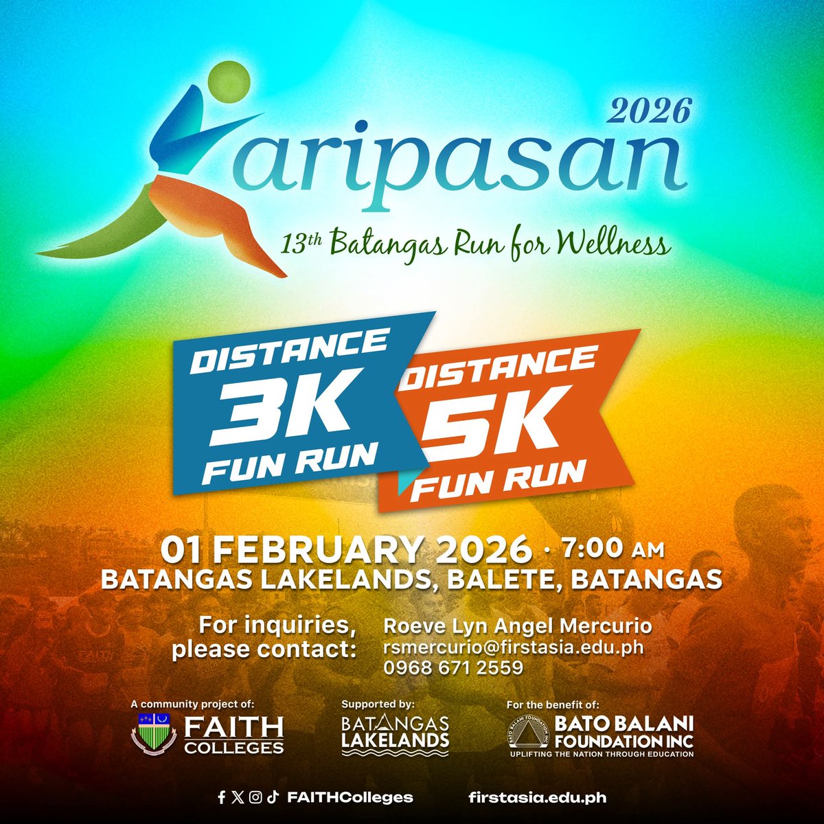 FAITHColleges's tweet photo. THE WAIT IS OVER! 💪🏻🏃🏻 

Step into wellness at KARIPASAN 2026: The 13th Batangas Sunset Run for Wellness happening on 01 February 2026, 7:00 AM at Batangas Lakelands in Balete, Batangas. https://t.co/B6tOLd8kNi